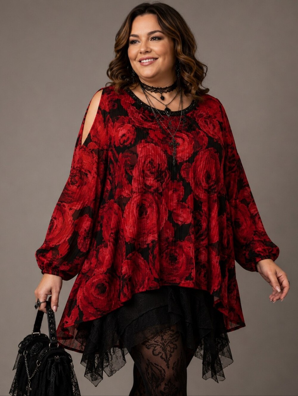 Catherines 3X P Red Black Rose Pleated Bead Tunic Top Whimsigoth Fairy Romantic‎